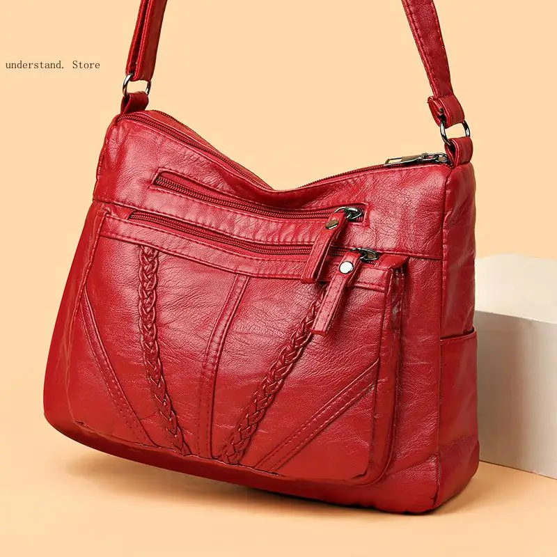 

Washed Pu Leather Women's Bag Large Capacity Soft Leather Material Single Shoulder Diagonal Cross Multi-Layer Mother Bag