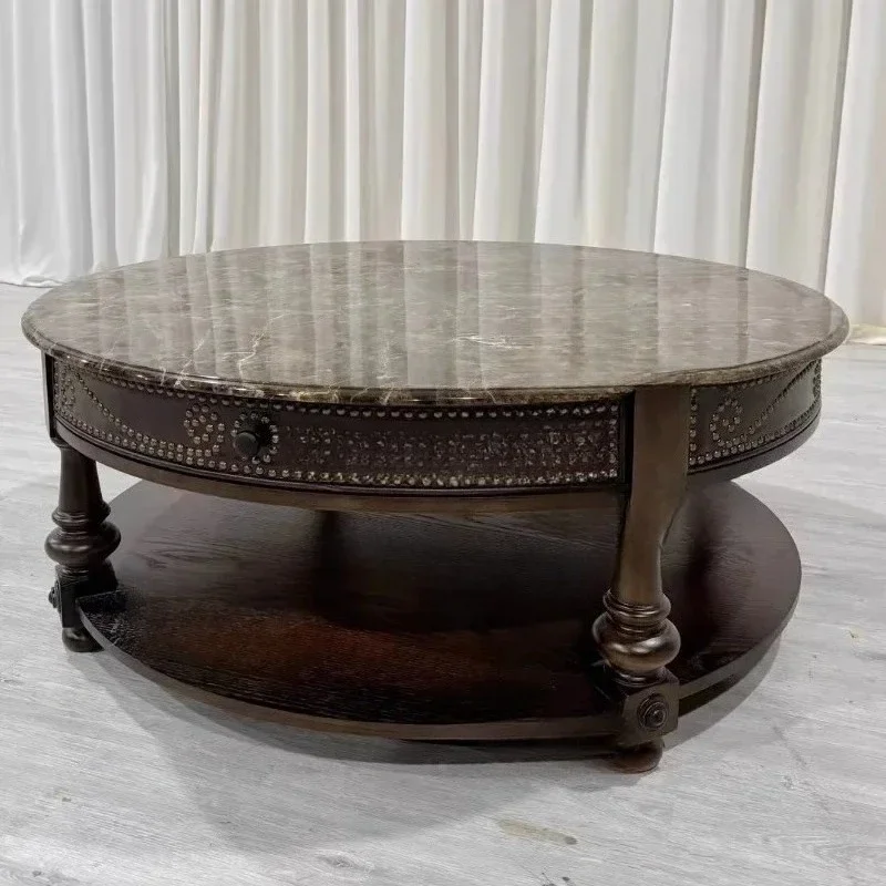 G American oak whiskey round marble coffee table solid wood carving rivet coffee table