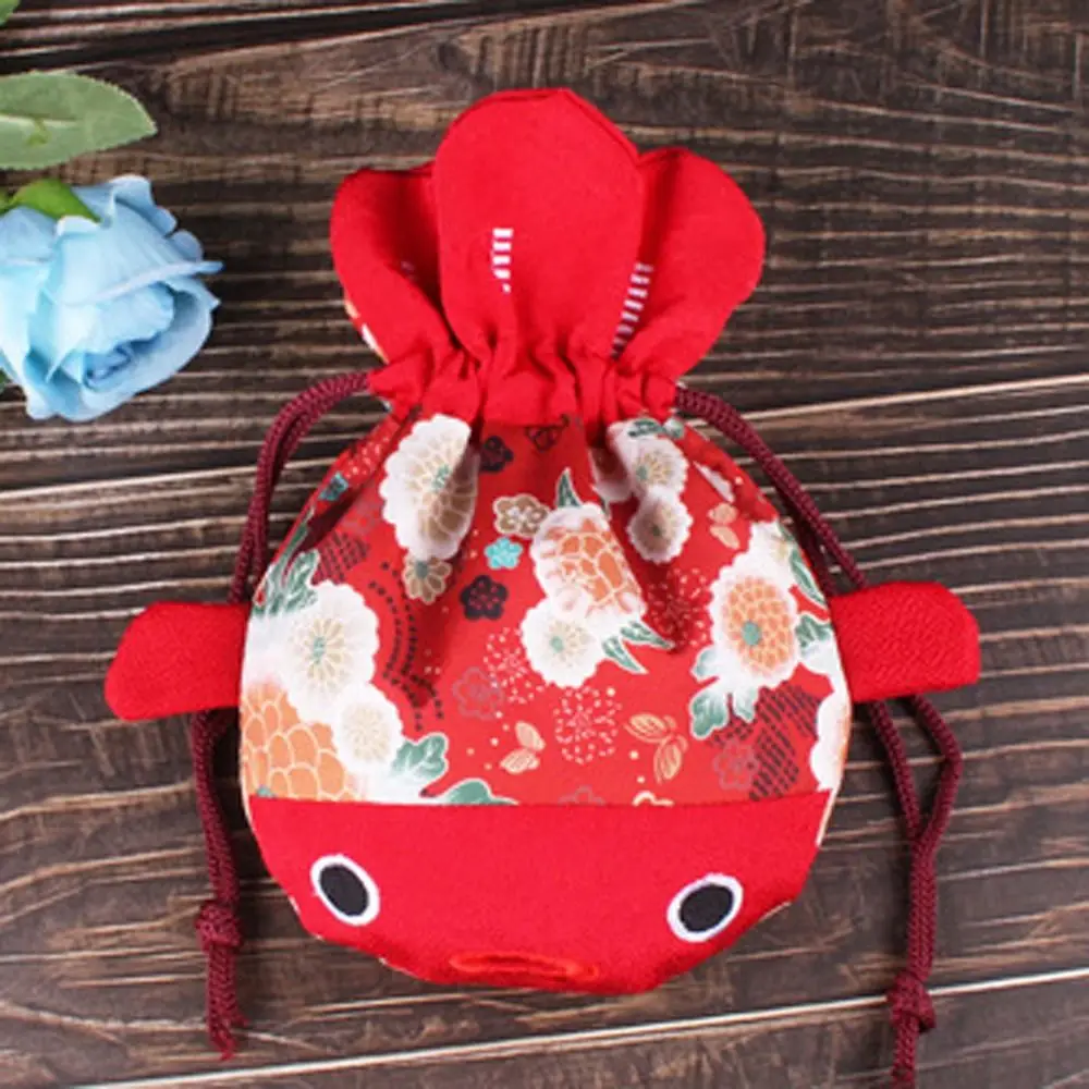 

Cartoon Animal Canvas Flower Drawstring Bag Red Color Bag Large Capacity Gold Fish Shape Handbag Wedding Candy Bag Storage Bag