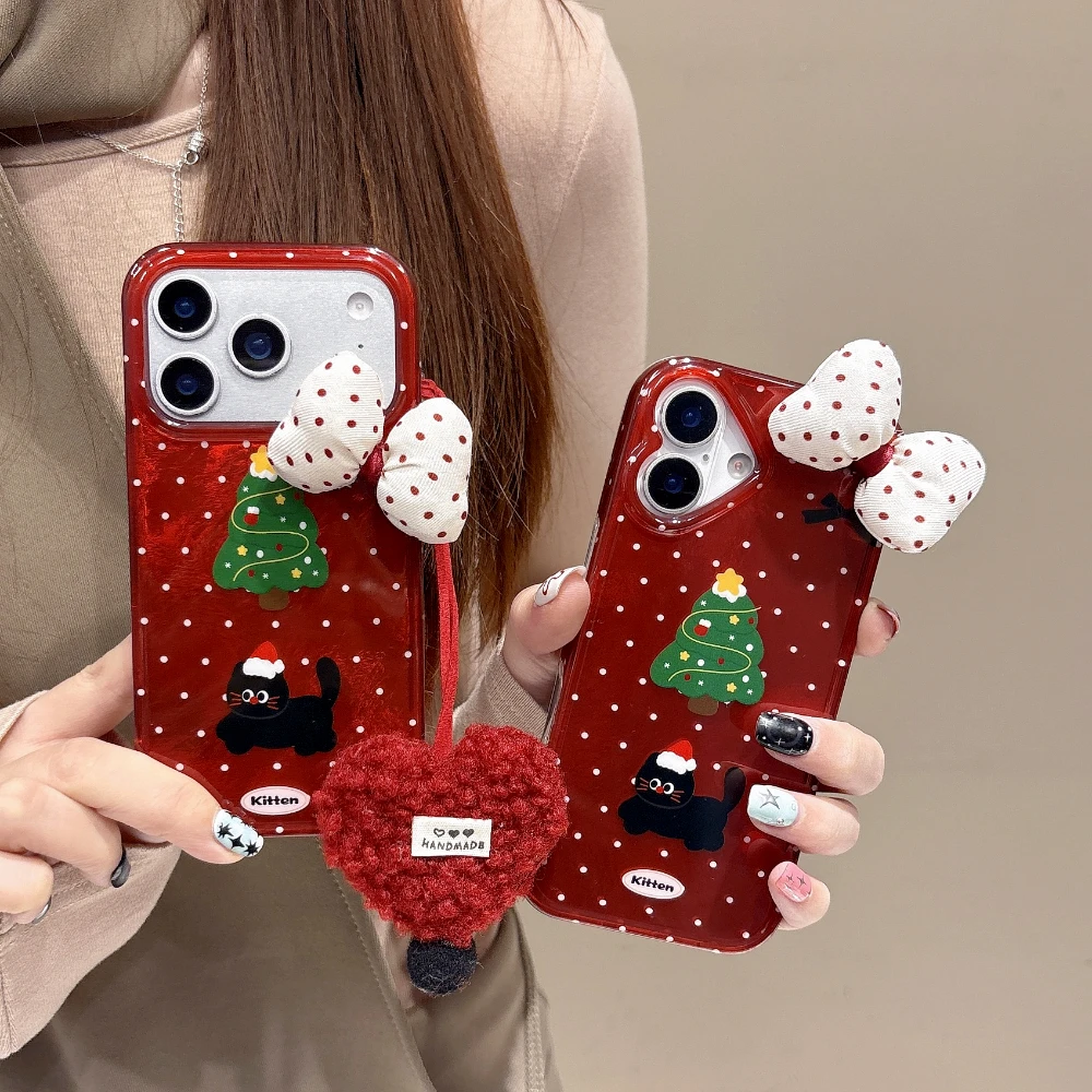 

Merry Christmas Bowknot With Love Heart Pendant Phone Case For iPhone 17 16 15 14 Pro Max Shockproof Keychain Soft Bumper Cover