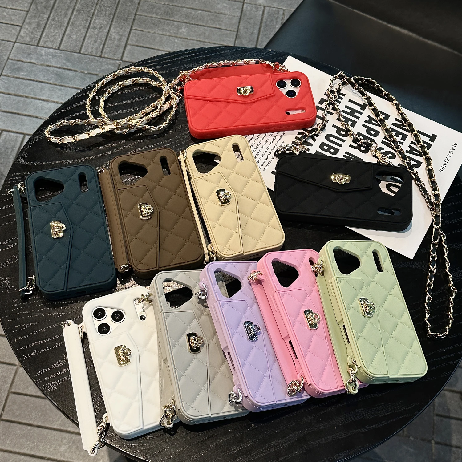 

Luxury Quilted Diamond Lattice Wallet Phone Case For iPhone 17 16 15 14 13 12 Pro Max Crossbody Chain Card Holder Handbag Cover