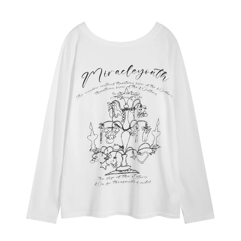 

Long sleeve graffiti off shoulder T-shirt for women high quality summer outdoor sun protection thin t shirt gray white