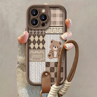 Grid Pattern Bear Hang Strap Phone Case For iPhone 17 16 15 14 Pro Max 13 12 11 Pro 16E XS X XR 7 Plus SE Shockproof Soft Cover