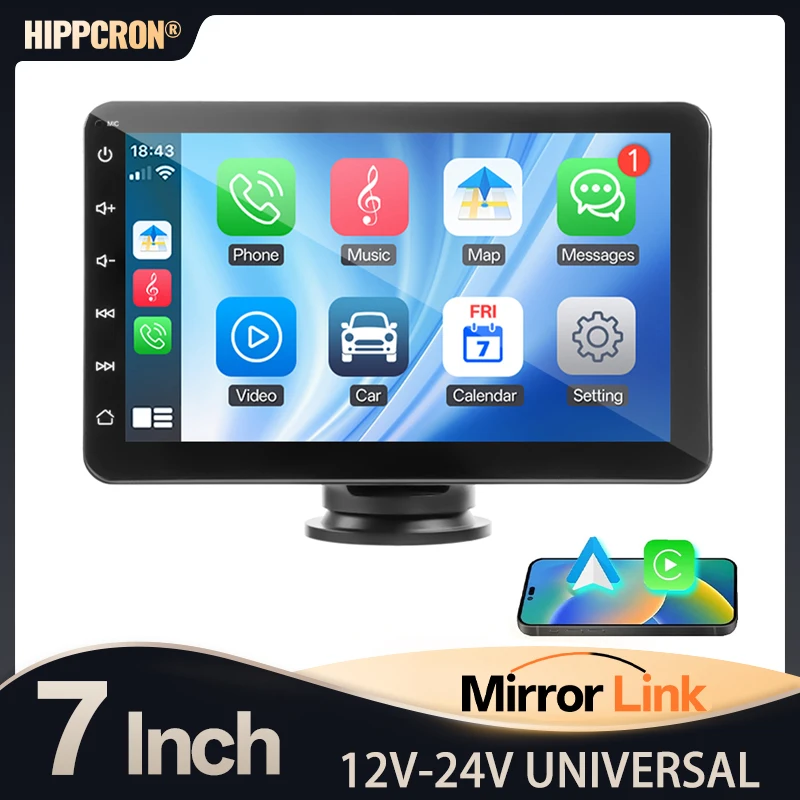 

Автомобильный монитор Hippcron 7 дюймов, автомобильное радио, Carplay, Android Auto, мультимедийный видеоплеер, IPS сенсорный экран, AUX, USB, TF, 12В-24В, универсальный