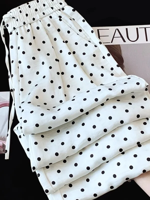 الصيف رقيقة خلات الساتان البولكا نقطة بنطال ذو قصة أرجل واسعة المرأة فضفاضة عالية الخصر ثنى مستقيم بنطلون طويل غير رسمي #3