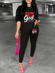 GOD BUT Print Two-Piece Set Vibrant Crew Neck Short Sleeve Top & Skinny Pants Outfits Women's clothing sales trouser suits 2024