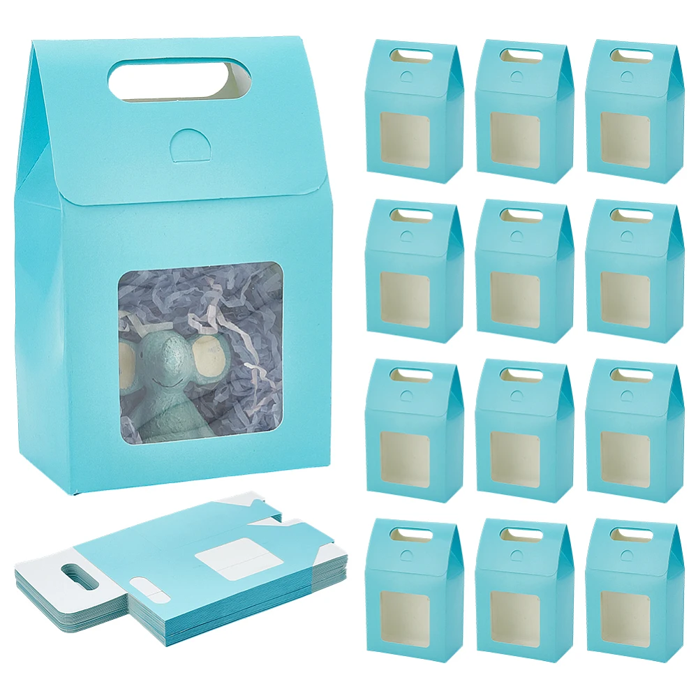 24pcs Blue Gift Box with Handle Small Goodies Boxes Gable Paper Gift Boxes Party Favor Box Box with Window for Wedding Birthday