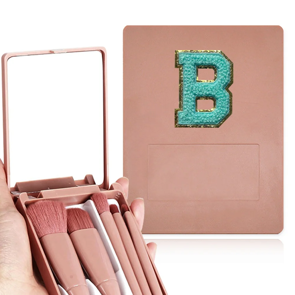 5 Stück Dame Kosmetik pinsel Set mit Spiegel behälter Fall Gesichts schönheit Make-up Pinsel Chenille grün Buchstaben muster Stickerei