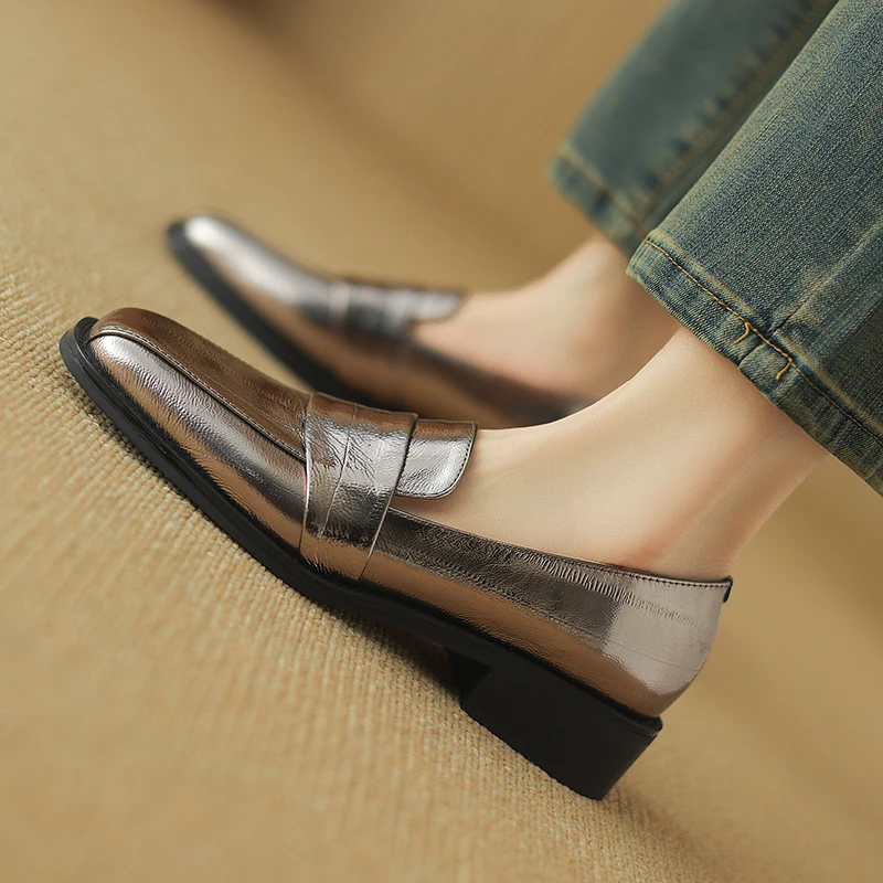 2026 new spring summer women pumps natural leather 22-25.5cm sheepskin+pigskin+cowhide square toe loafers women shoes fashion