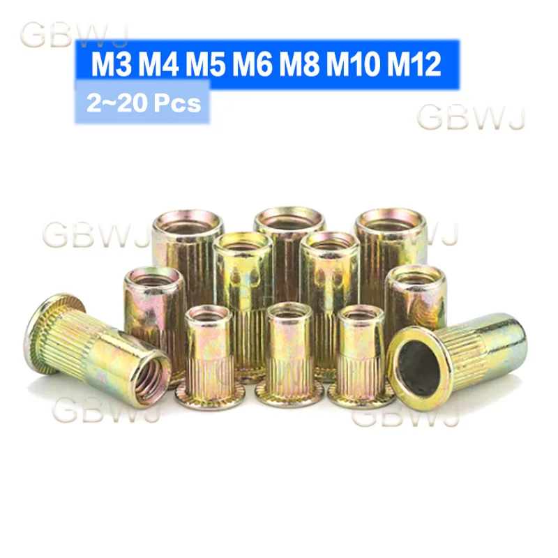 

2~20 Pcs M3 M4 M5 M6 M8 M10 M12 Color Zinc Iron Knurled Nuts Flat Head Pull Rivet Nuts Thread Insert Nut Flat Headrivet Nuts