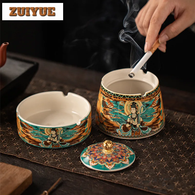 

Ceramic Dunhuang Ashtray Traditional Ashtray Closed Cigarette Ash Tray Household Weed Smoking Tea Items Accessories Collection