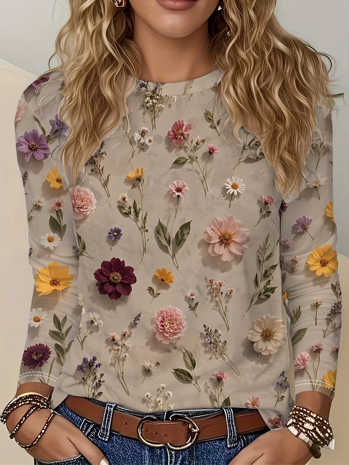 Women T‑Shirt Long Sleeve 3D Vintage Wildflower Print Tees Casual Street Female