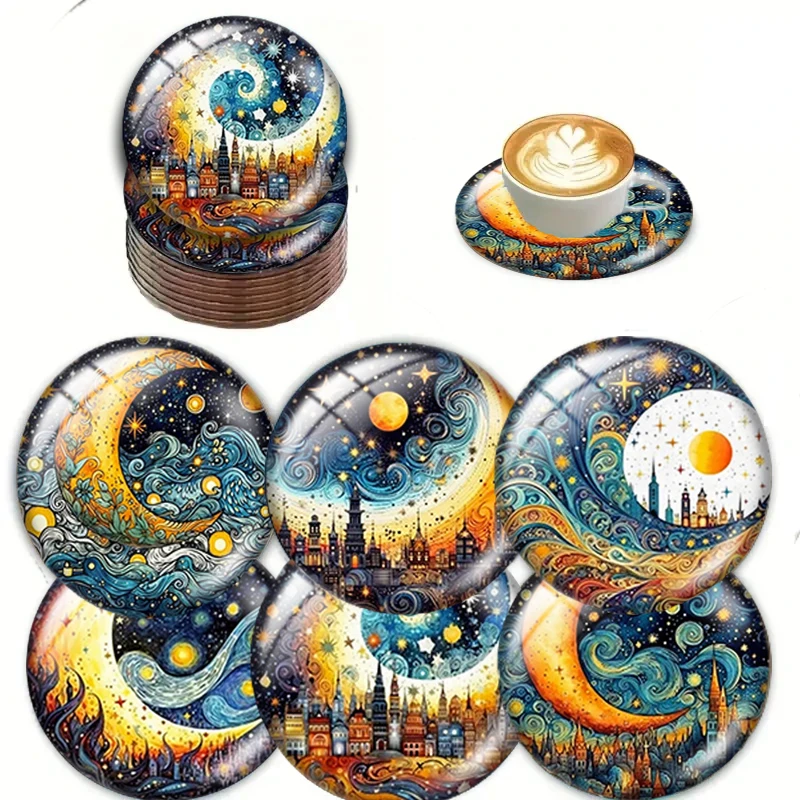 

Набор из 6 деревянных круглых подставок с узорами луны и города подходит для подарков на День святого Валентина и Рождество.