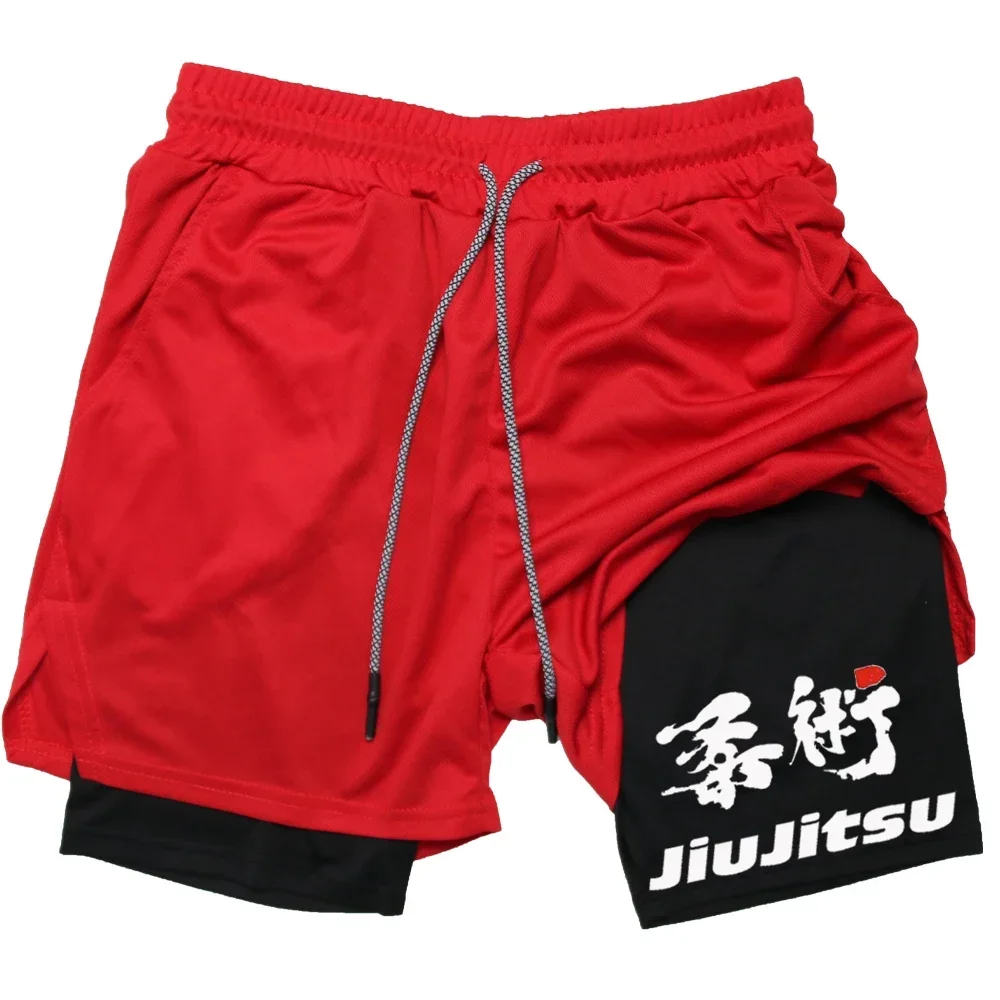 

JU JITSU Gym shorts Men Fitness 2 in 1 Performance Shorts BJJ Mesh Quick Dry Athletics Running Short Pants Compression Liner