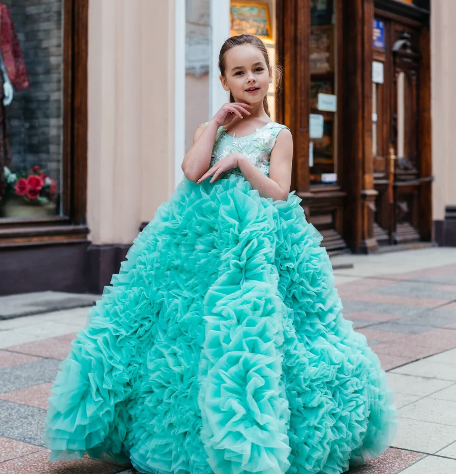 

New Custom Pageant Gowns Tiered Tulle Princess Flower Girl Dress Couture Junior Bridesmaid Dress Birthday Party Gown