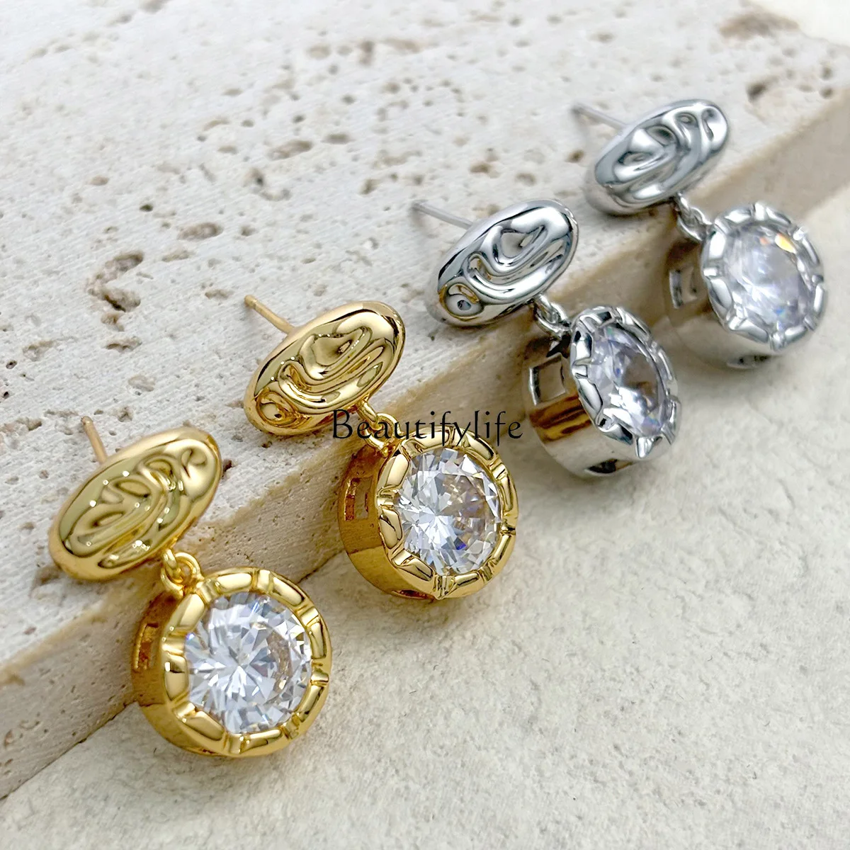 

New fluid pattern stud earrings, diamond cutting process large zircon fringed earrings jewelry