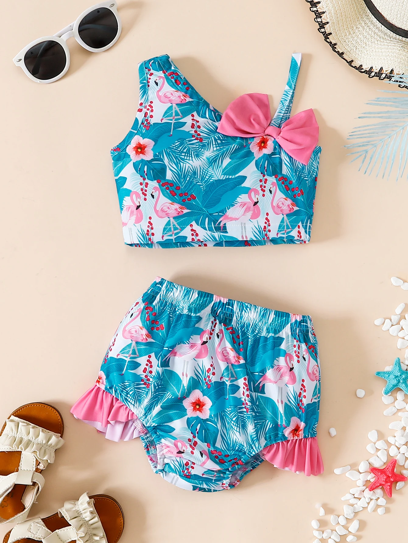2pcs Summer Girls Tropical Flamingo Leaf Bikini Set, One Shoulder Big Bow Ruffle Swim Shorts, Vacation Beach Swimsuit, Pool/Sea