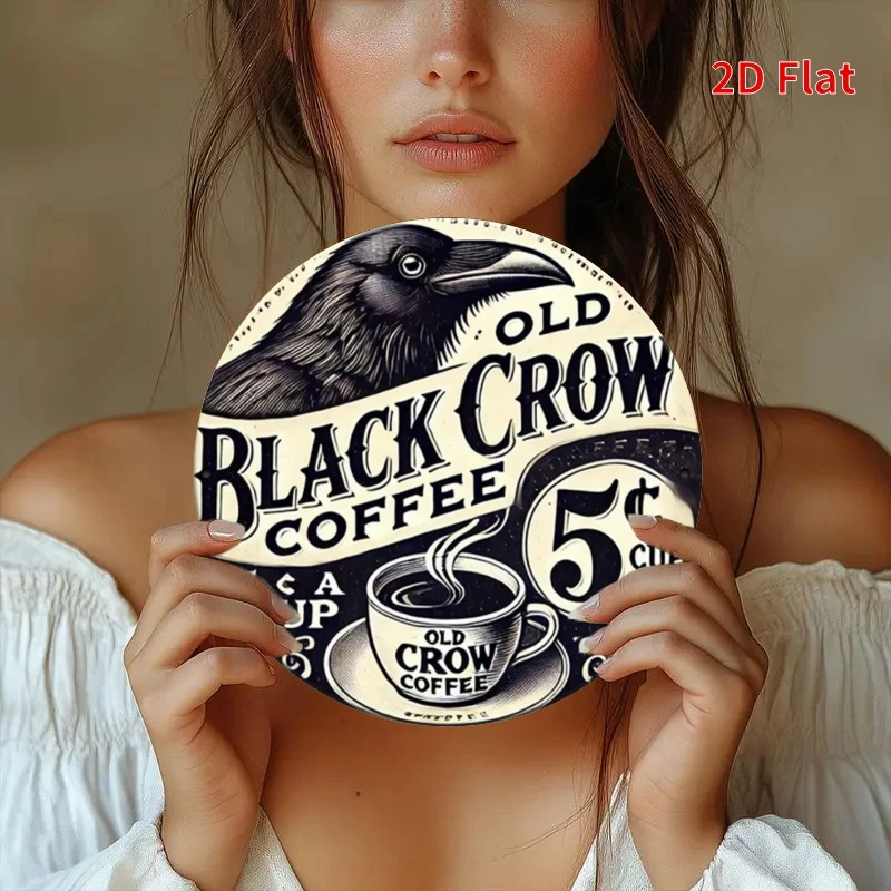 2D Flat - [Open ]2D Flat2D Flat Printing, Retro Round Sign - Black Crow, 7.87X7.87 Inches, Home Decoration, Durable Best Gift De