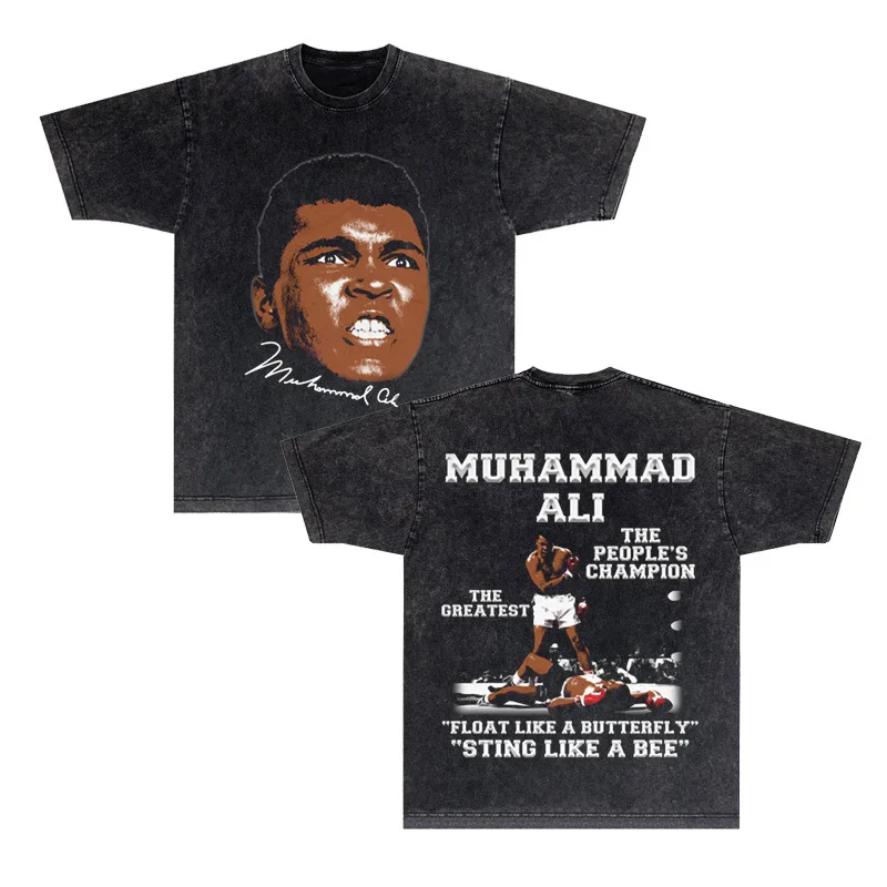 200 جرام القطن تي شيرت ريترو رياضي عادية محمد علي تحية الحجم الأوروبي الجولة الرقبة قصيرة الأكمام مطبوعة فضفاضة تي شيرت مجسم