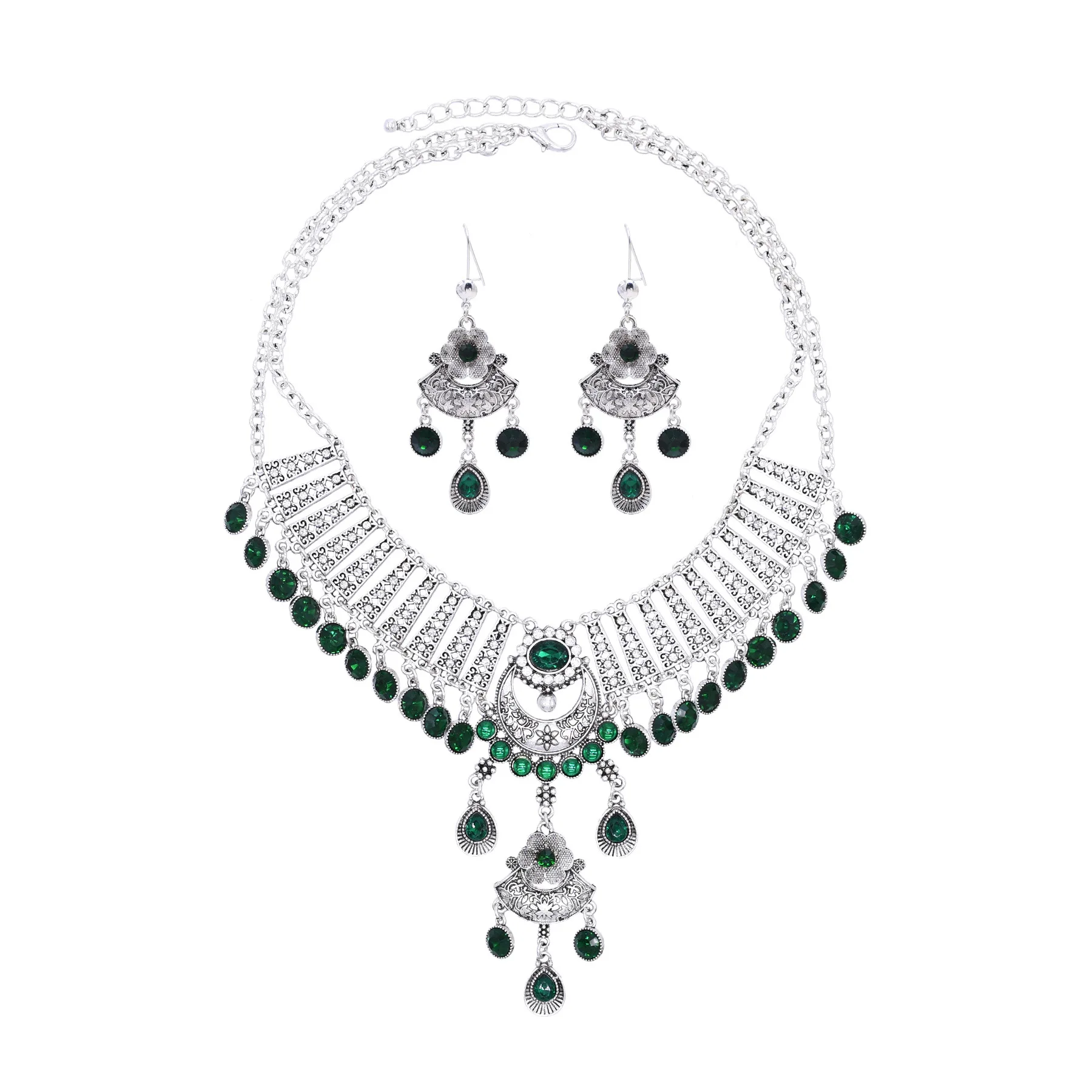 Conjunto de joyería para mujer, collar y pendientes de cristal para boda, novia étnica india tradicional, abanico plateado Vintage, colgante de flor y Luna