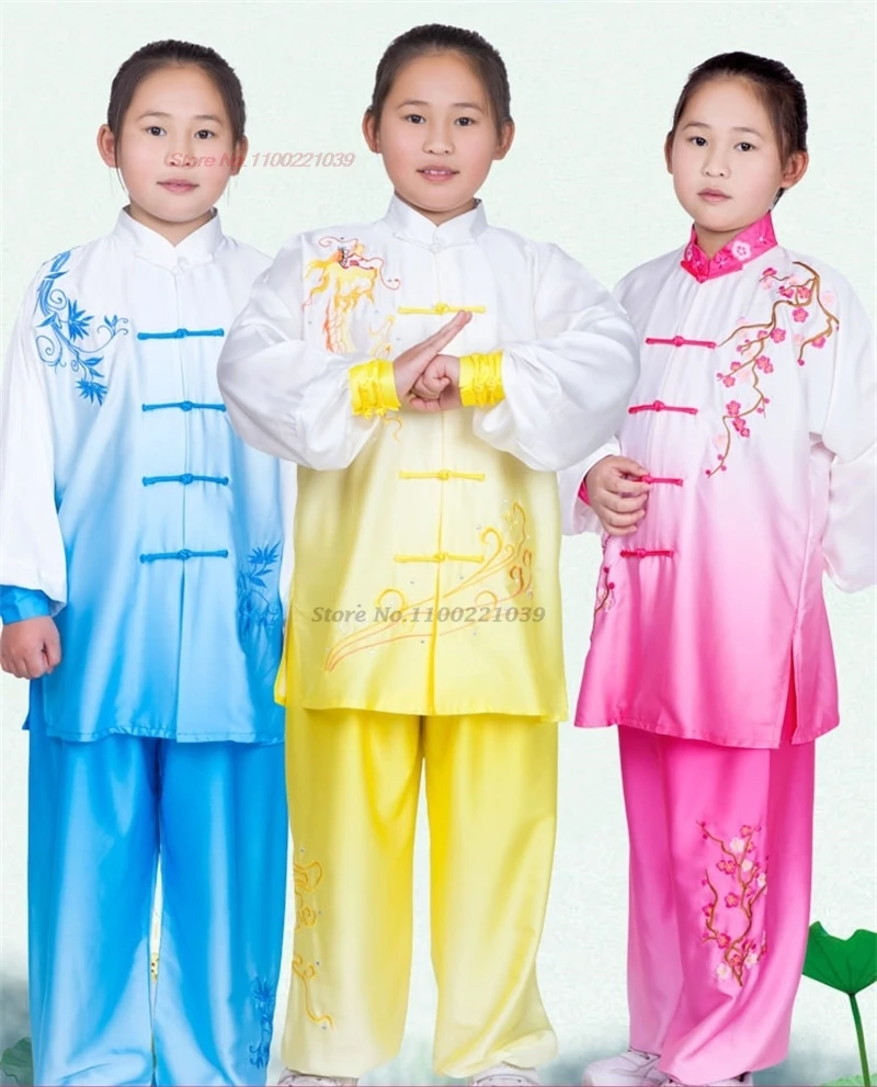 2024 chinese children tai chi uniform wushu kungfu suit national gradient color flower embroidery training exercise practice set