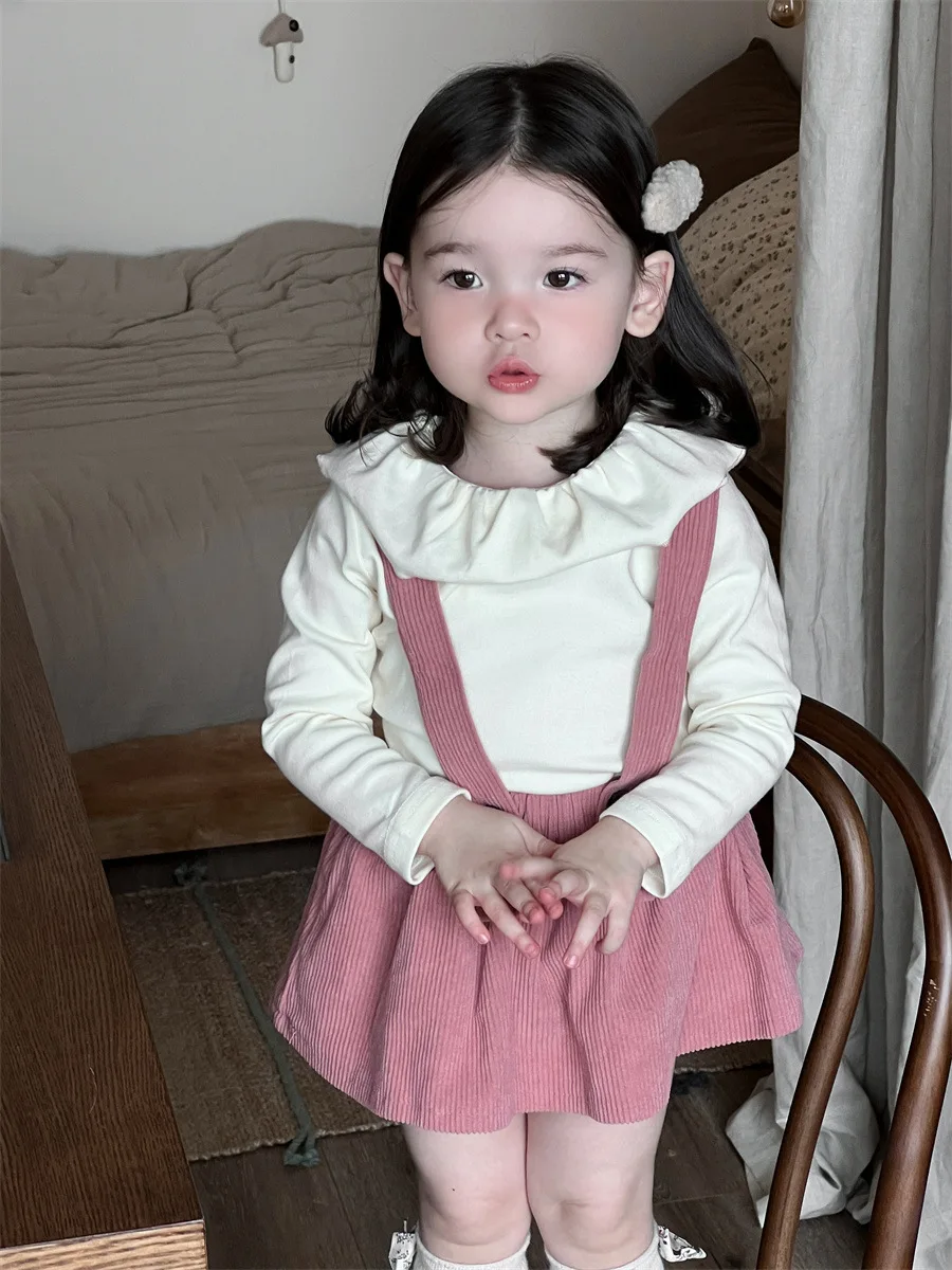 2024 Autumn New Baby Girl Long Sleeve Cotton Bottoming Shirt Solid Infant Cute Ruffle Collar Tops Toddler Girls Clothes