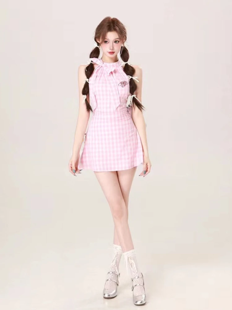 2024 Summer Causal Sweet Plaid Mini Dress Women French Elegant Slim Party Dress Japanese Style Kawaii Vintage One Piece Dress