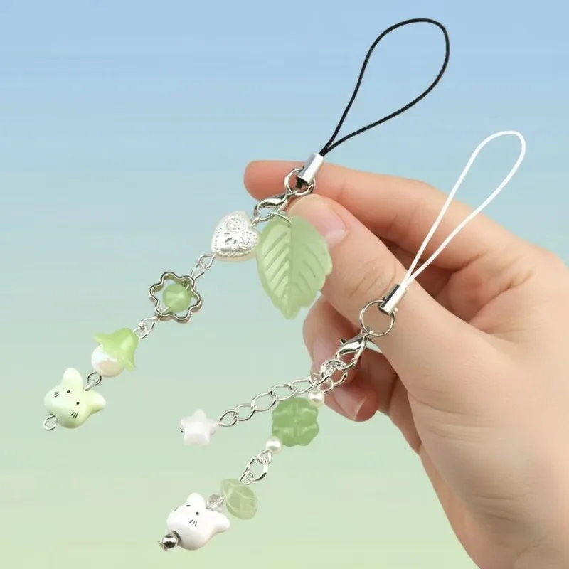 Handmade Four Leaf Clover Beaded Phone Charm Y2K Cute Cat Totoro Keychain Cybercore Cell Phone Chain Pendant Key Ring Bag Decor