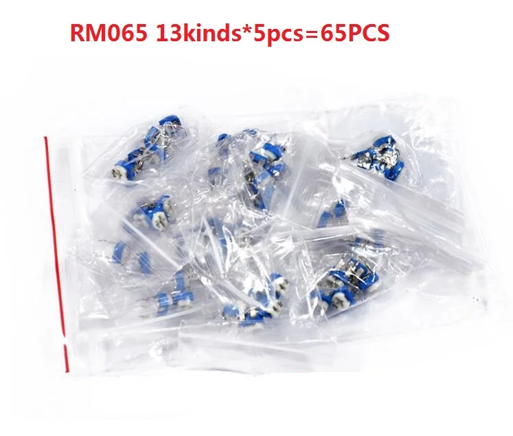 

Trimming Potentiometer RM065 Top Adjustment 100R-1M RM065 WH06-2 Variable Resistors Assorted Kit 13Type*5pcs=65PCS KIT