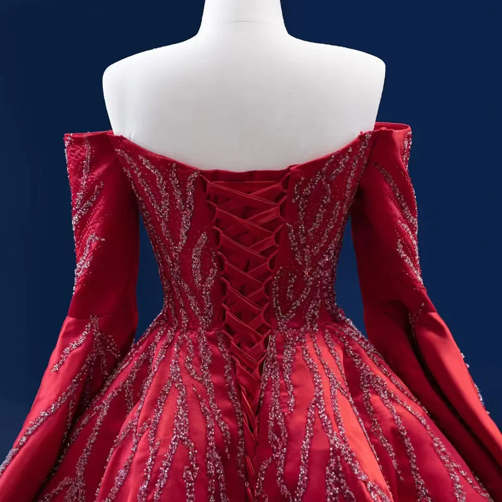Red Customizable Sweetheart Evening Dress Long Sleeves Lace-Up Back Sequins 2026 Style Elegant Gown For Women