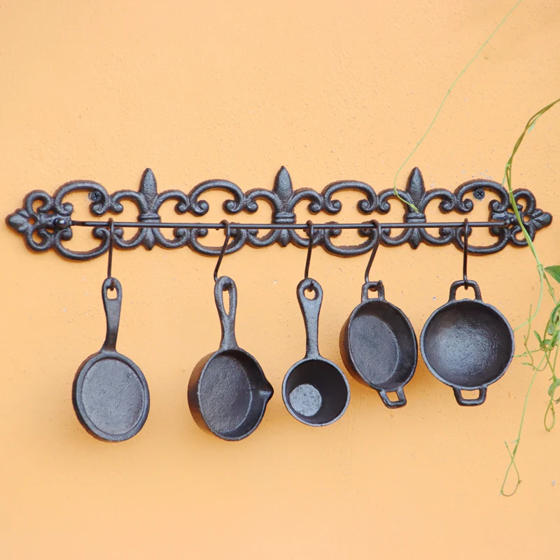 Antique Black Cast Iron Kitchen Cooking Set Of Six Decoration For Home Garden Coffee Bar Wall Countryside Style