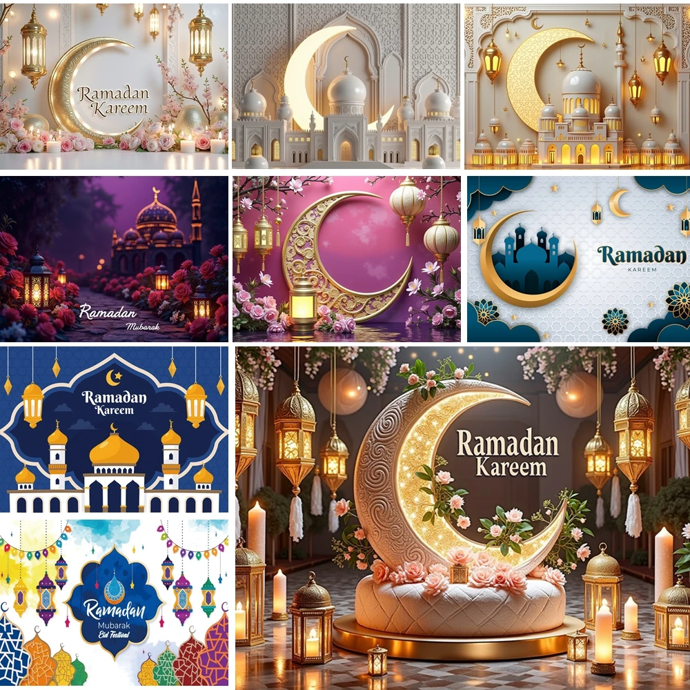 

MOON.QG Eid Al-Fitr Backdrop Warm String Lights Mosque Candle Backgrounds For Photographs Accessories Decoration Wallpaper