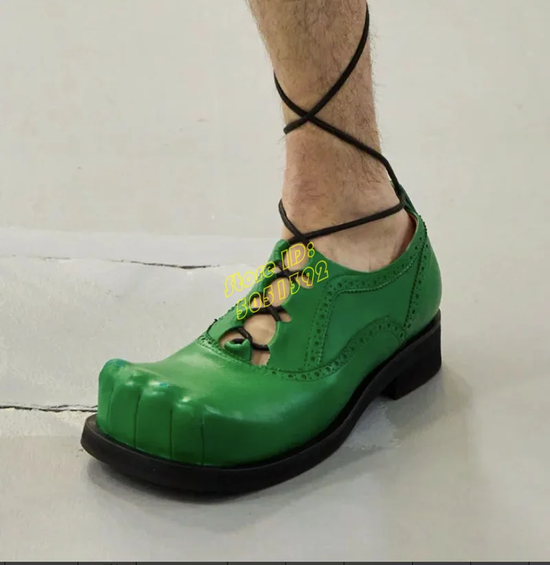

Five Toes Toe Green Leather Pumps Lace Up Low Heel Real Picture Handmade Runway Women Dress Shoes Square Toe Custom Made Shoes