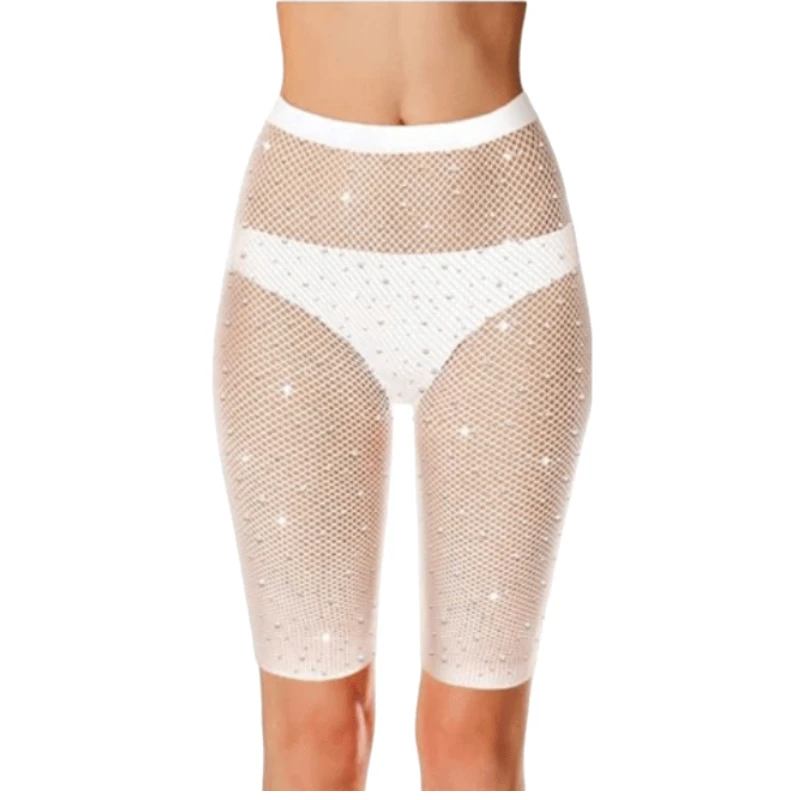 Pantimedias cortas con diamantes de imitación para mujer, pantalones cortos brillantes de 3 piezas, mallas transparentes para motorista, ropa