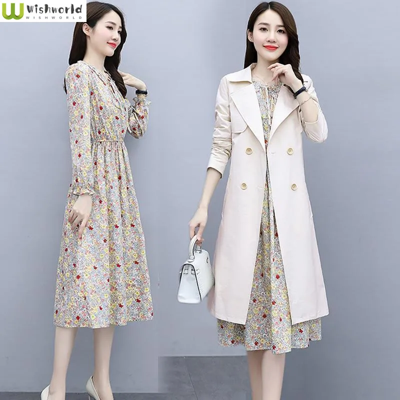 Long Sleeved Dress Set 2022 Spring and Autumn New Fashion Waist Closing Thin Windbreaker Foreign Style Two-piece Skirt Set