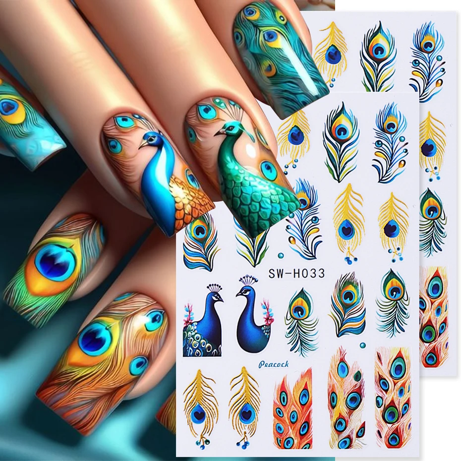 2pcs Peacock Design Nail Art Stickers 3D Blue Green Feathers Simple Elegant Adhesive Slider DIY Manicure Decoration Nail Decals