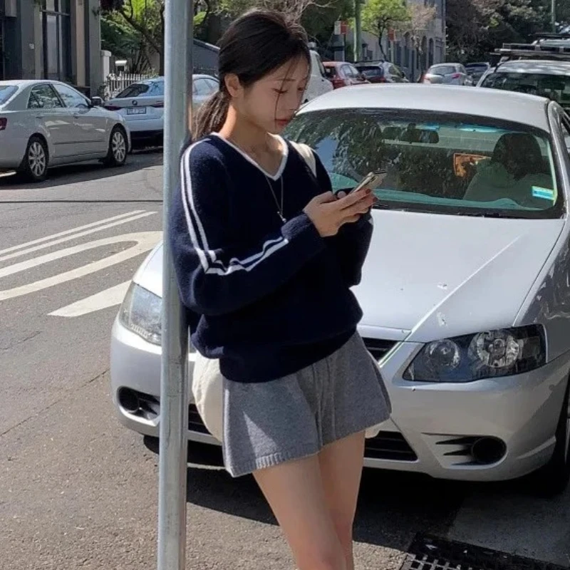 

Универсальный накладной свитер в стиле ретро, длинный вязаный свитер в полоску, женский свободный крой, осенний корейский