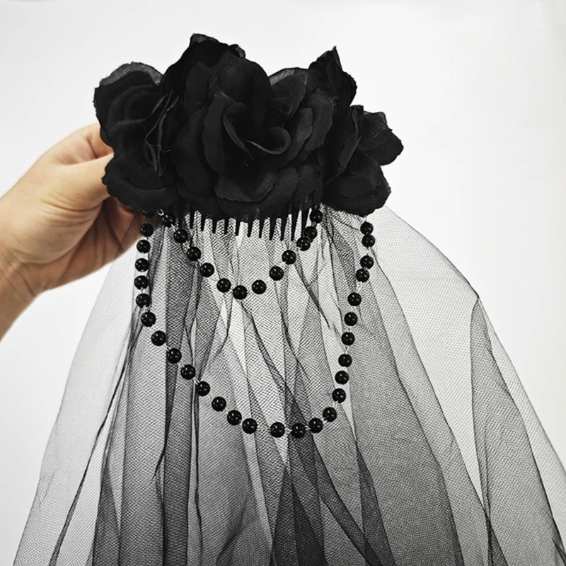 Wedding Bridal Black Tulle Veils with Comb Festival Halloween Party Cosplay Costume Accessories Veils for Women 80cm image 4