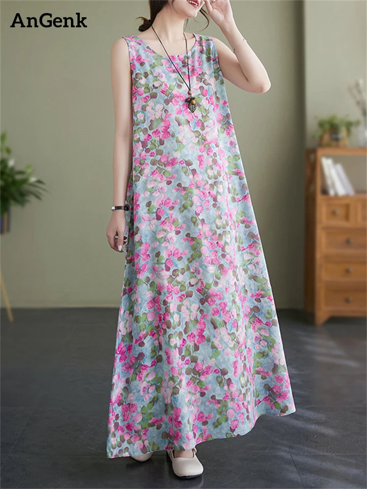 

Oversize Sleeveless Print Vintage Dresses For Women 2023 Summer Casual Loose Long Dress Femme Robe Office Lady Elegant Clothing