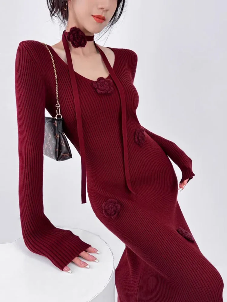 

New Fashionable High Quality Knitted Collar Slim Fit Short Sleeved Three-dimensional Flower Button Long Women's Dress CQ339