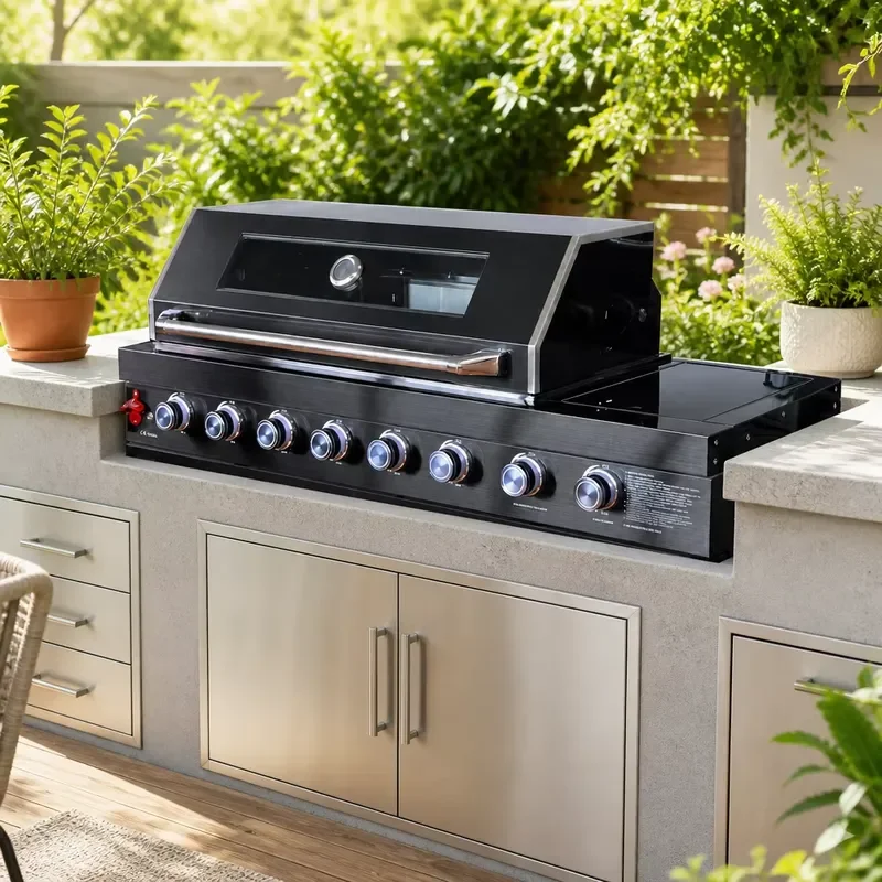 304 Stainless Steel 8 Burner Built In Gas Grill Electronic Ignition Modern Outdoor Kitchen BBQ For Garden Party Cooking