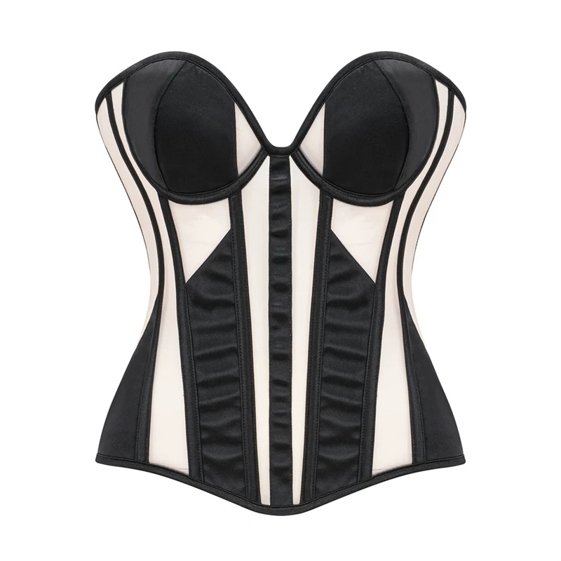 

Women's French Breathable Mesh Overbust Corset Tops With Bra Cup Lingerie Sexy Strapless Slimming Shaper Bustier