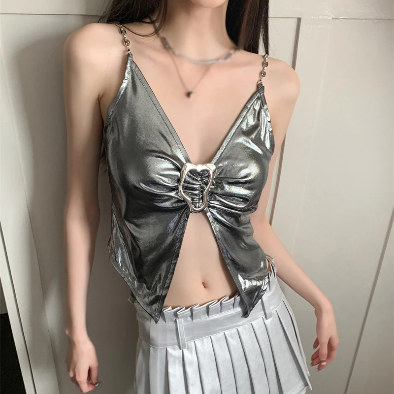 V-Neck Metallic Silver Camisole Women Y2K Vest Sleeveless Inner Wear Sweet And Spicy Slim Fitting Sexy Crop Top Summer Party