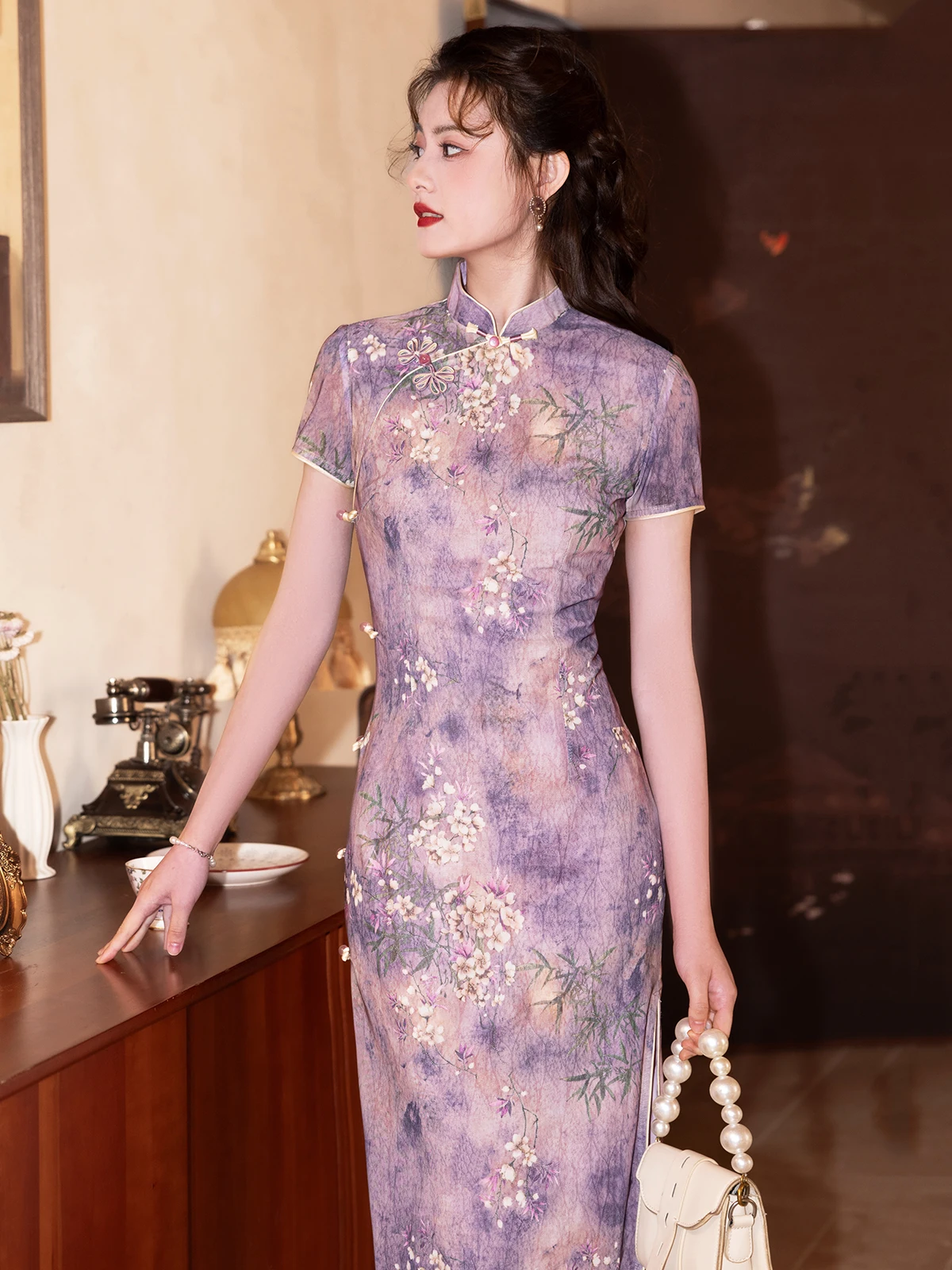 

Новая женская фиолетовая блузка с длинным асимметричным воротником и коротким рукавом, дышащая, комфортная, для повседневной носки, в китайском стиле