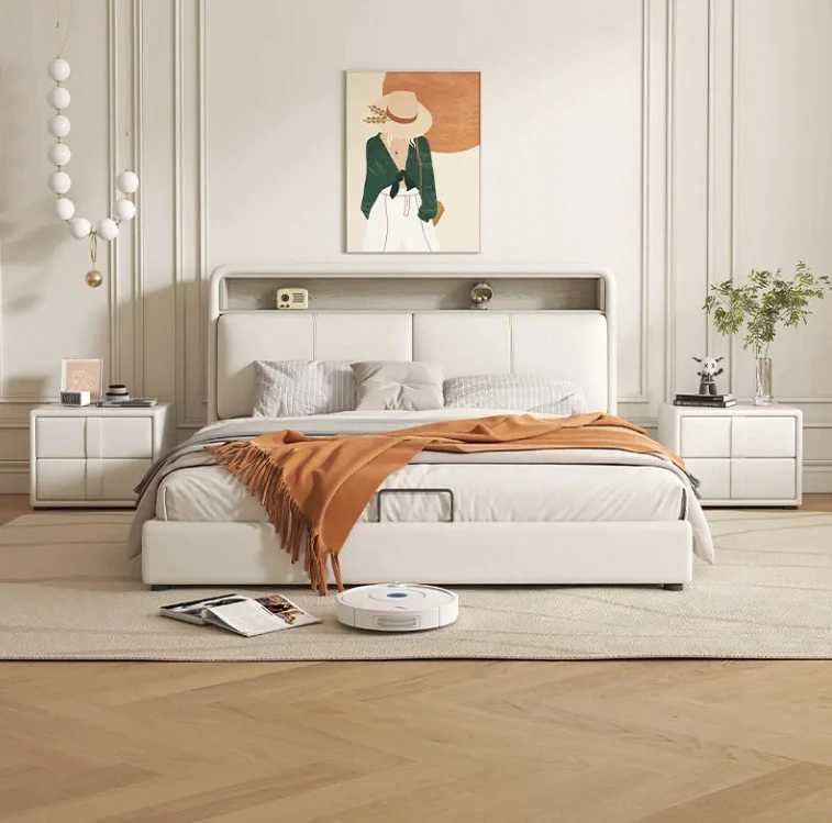 ！@Luxury Modern Simplicity King-Size Luxury USB Port Wood Frames Bed Two-Leather Art Lights Free Storage Wedding Laundry Home Us