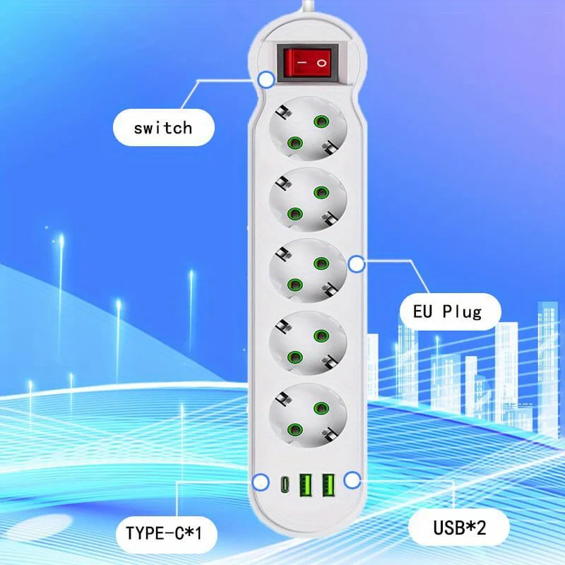 EU Plug Power Strip 2/3/4/5 Outlet Multitap Extension 10A with 2 USB 1 Type-C Ports 2m Cord Electrical Socket 2500W Fast Charge