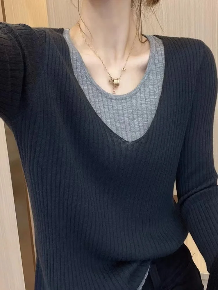 

V Neck Fake Two Pieces Sweater Women Long Sleeve Color Match Knitted Tops Versatile Look Thin Bottom Pullovers Ladies