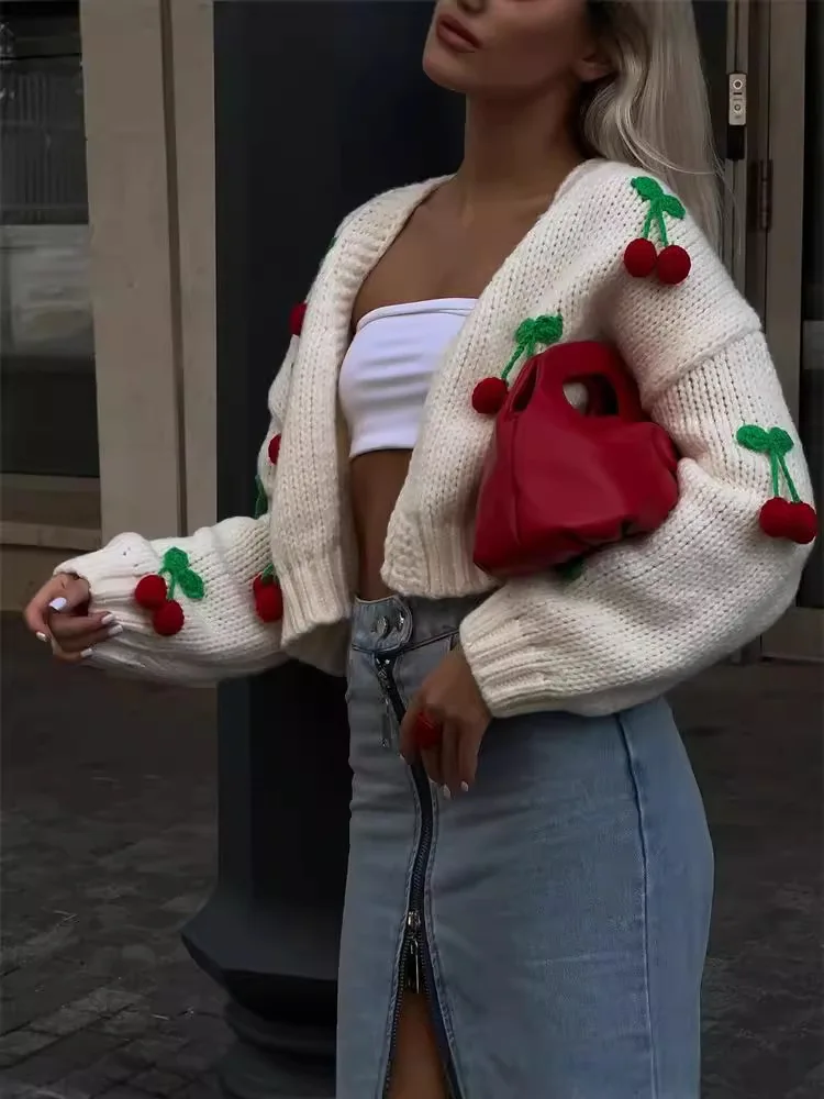 JHJN Fashion Women Knitted Cardigan Sweet 3d Cherry Casual Long Sleeved Sweater Loose Short Sweaters New Female Beige Outerwear