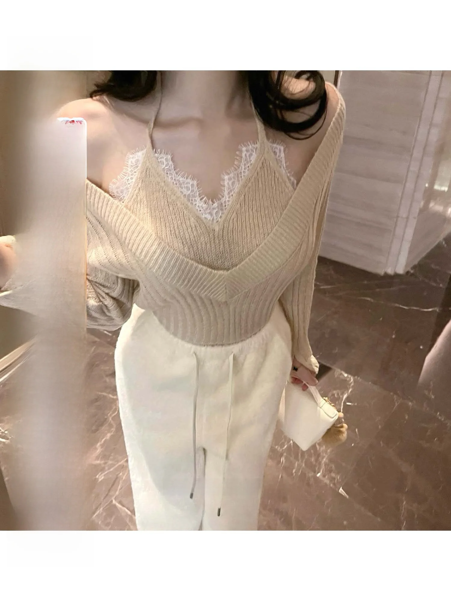 

Свитер CCZEE с эффектом многослойности и кружевом, имитация двухслойности, женский, в стиле Lazy Sle, высококачественный дизайн, зимняя новинка 2025 года