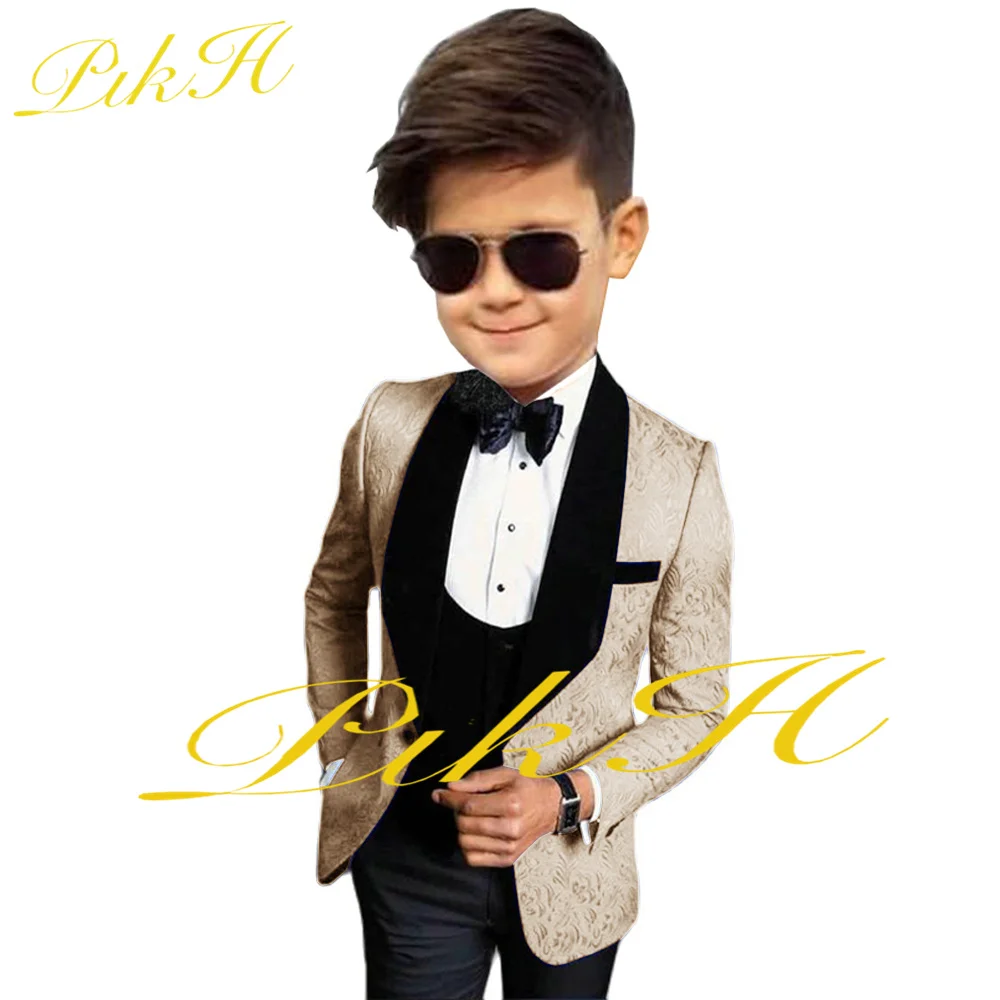 Dark Green Boys Suit Wedding Tuxedo Floral Jacket Pants Vest Three Piece Kids Party Blazer Set Fashion Child Clothes